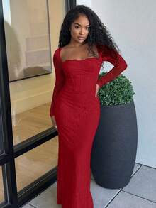 Alexandranx Women's New Autumn/Winter Party Date Night Sexy S-Shaped Lace Long Sleeve Bra Cup Fishbone Square Neck Bodycon Dress, Black,Summer Dresses For Women - Burgundy - View 6