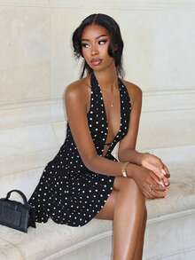 Mima John 女士波尔卡圆点印花性感V领露背迷你连衣裙 - 黑色 - 查看 3