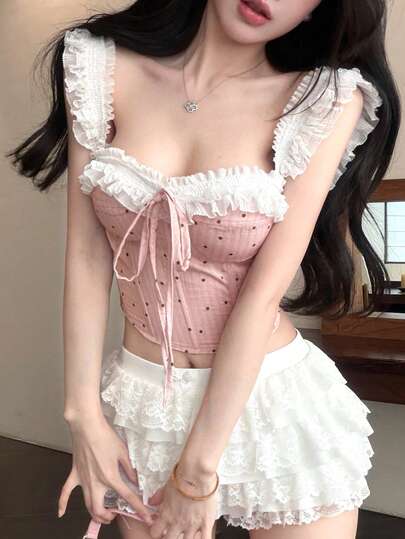 Joudiya 春夏白色蕾丝边撞色波点印花露脐上衣，休闲吊带背心，适合情人节、婚礼、海滩、音乐节等场合，露肩设计，适合女性穿着。