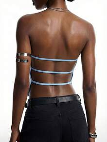 LYSMO Áo croptop không dây, hở lưng dành cho nữ, màu xanh nhạt, thích hợp cho mùa hè. - Màu xanh nhạt - Xem 2