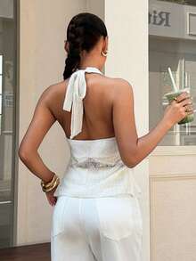 Muchica Blusa de punto halter sin espalda color albaricoque para vacaciones - Albaricoque - Ver 2