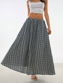 Poéselle Women's Plaid Loose Fit Fashionable Versatile Long Skirt, Summer - Blue - View 7
