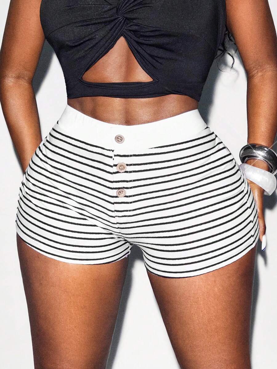 Glyssa Women's Black & White Striped Low-Waist Minimalist Sexy Casual Shorts, Versatile For Commuting, Sports, Fashion, Spring/Summer - Multicolor - View 1
