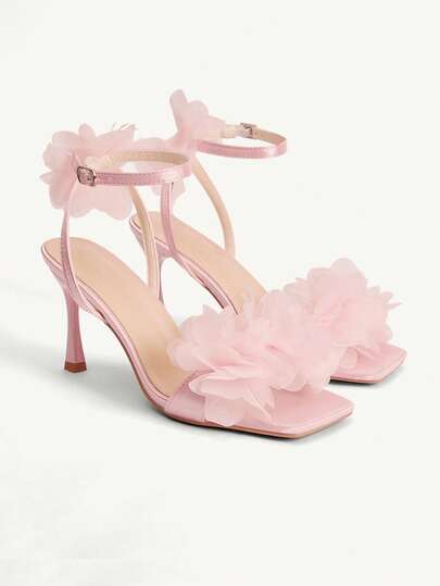 CUCCOO CHICEST Women Shoes Spring Summer Fairy Wind Pink Flower Decoration Square Toe Thin Heel Word Strap Buckle 8.5cm Women High Heel Sandals Sexy Dating Wedding Vacation Party