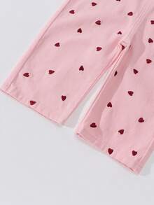 Baby Girls Denim Casual Heart Embroidery Washed Denim Bib Pants, Loose Fit Romper For Baby Girl - Pink - View 3