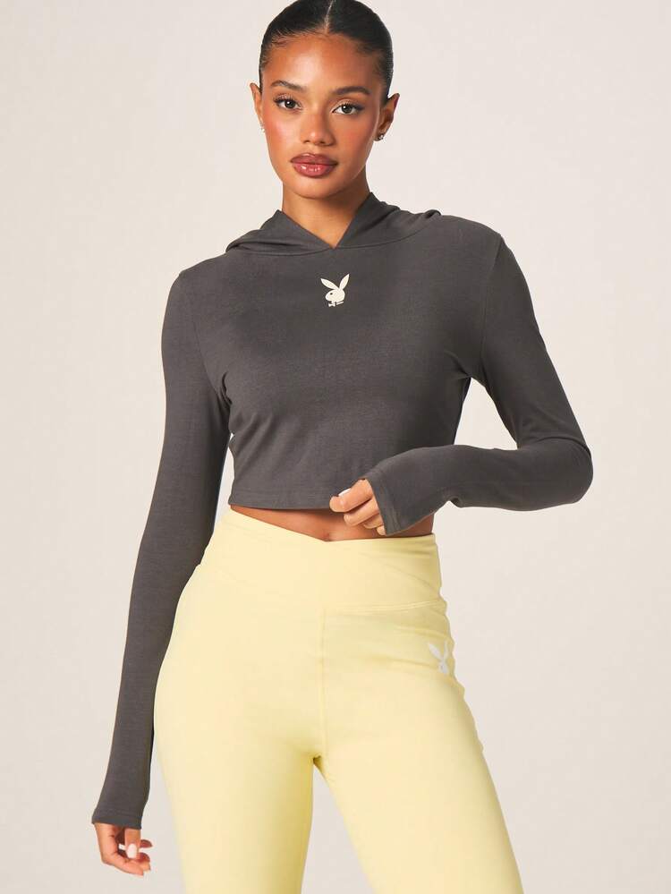 Missguided x Playboy Damen Kapuzen-Langarm Grafik Crop Top mit Logo Muster, Streetwear Lässig Pullover Hoodie für Herbst und Winter