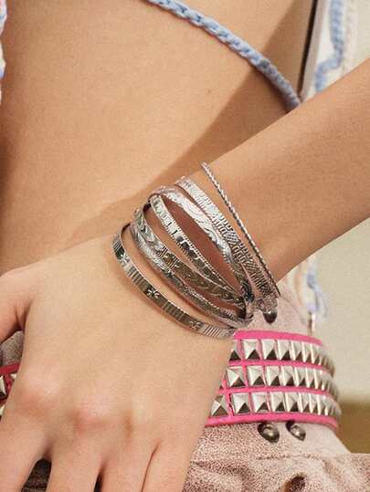 Glisma 7pcs Star & Heart Pattern Open Bangle Bracelet Set For Women, Geometric Multi-Element Design, Suitable For Daily Wear, Vacation, And Stylish Gifts