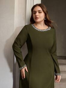 ZEYLAH Beaded Decor Fitted Long Sleeve Dress Fall - Olive Green - View 5
