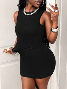 BamGleam Seamless Knit Backless Bodycon Mini Dress,Black,Summer,Basic,Night Out,Sleeveless Elegant Party Dresses For Women,Body Contour Outfit - Black - View 8