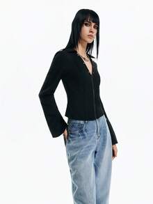 Airlisse Women's V-Neck Zip-Up Fitted Jacket, Spring/Summer Y2K 2026 Spring/Summer Black Top - Black - View 6