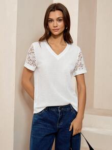 Lymera Spring/Summer Fashion Elegant Commuting Versatile White Knit Textured V-Neck Short Sleeve Lace Splice T-Shirt - White - View 5