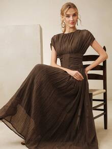 Anewsta Elegant Modern Textured Waist Ruched Dress For Women - Brown - View 1