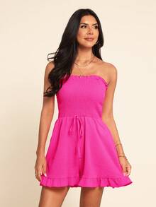 Coeurva Bộ jumpsuit nữ màu hồng, kiểu dáng giản dị, lãng mạn, thanh lịch, tối giản, thích hợp cho kỳ nghỉ biển, không dây vai. - Màu Hồng Tươi - Xem 4