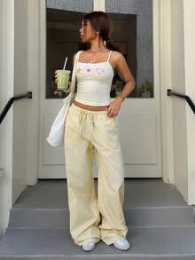 Muchica Women's Woven Pale Yellow Striped Beach Pants, Casual And Loose Wide-Leg Pants, New Spring/Summer Arrival. - Pale Yellow - View 4