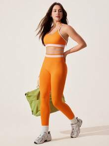 Slayform Bộ đồ thể thao nữ liền mạch màu cam và trắng phối hợp, thích hợp cho yoga, thể dục và hoạt động thể thao. - trái cam - Xem 6