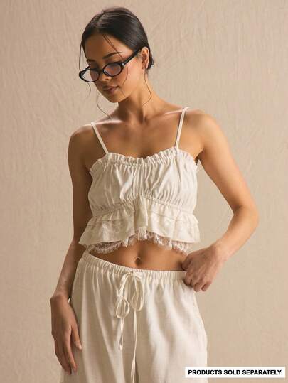 MUSERA Linen Lace Detail Ruffle Co-Ord Crop Top Spring Summer Cosy Cute Daily Girly Vacation Sunlight Social Festival
