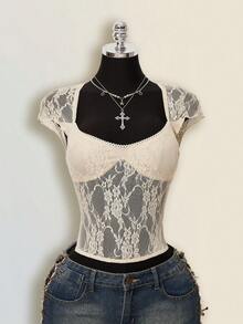 SHEIN ICON Camiseta de noche de cita sexy y versátil con parches de encaje para mujer - Beis - Ver 5