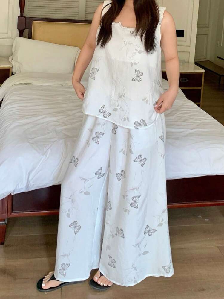 Dazy Plus Plus Size Women Butterfly Print Sleeveless Top And Wide Leg Pants Pajama Set, Casual Loungewear For Spring And Summer