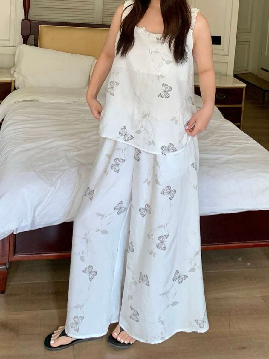 Dazy Plus Conjunto de pijama de top sin mangas con estampado de moño y pantalones de pierna ancha talla grande para mujer, ropa de estar en casa casual para primavera y verano - Blanco - Ver 1