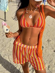Swim Vcay-D 女士春夏提花面料挂脖三件套比基尼套装 - 彩色 - 查看 3