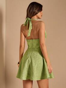SHEIN BAE Elegant Green Floral Jacquard Halter Neck A-Line Mini Dress For Women,Summer Date,Bridesmaid,Birthday Party,Back To School And Graduation Dress - Green - View 2
