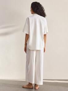 Ocili 100%纯棉金色条纹天然舒适无弹提花梭织面料女士长袖长裤睡衣套装 - 白色 - 查看 3