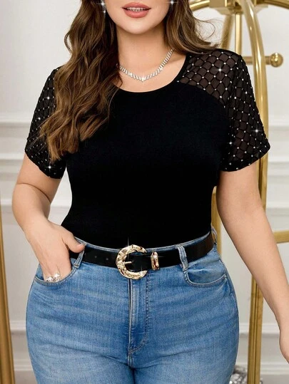 SHEIN Clasi Camiseta casual y elegante de mujer de talla grande con mangas de cuadros