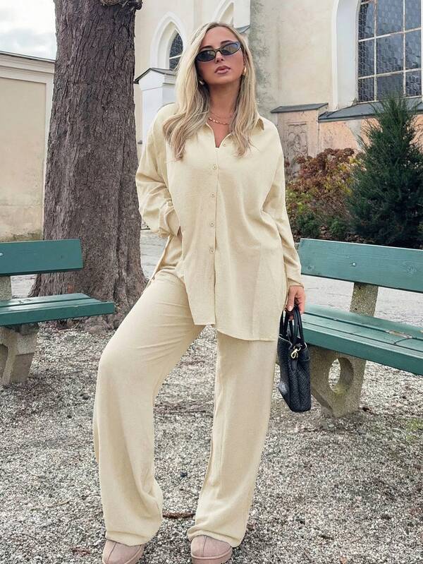 Jeta Ari 开叉下摆长款衬衫和阔腿裤套装，女士春秋休闲纽扣，开叉长袖超大米色落肩衬衫裤女式两件套服装，休闲日常穿着