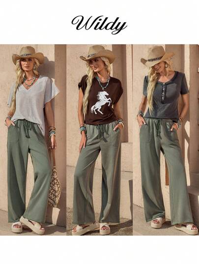 Wildy 波西米亚风休闲美式西部复古做旧印花女式春夏基础款长裤，带口袋，适合日常穿着和通勤。