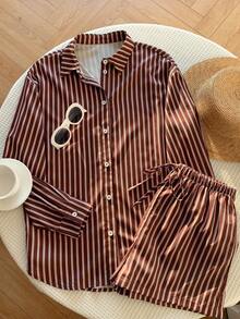 SHEIN Muchic Bộ 2 món quần short dài tay dệt sọc màu cà phê dành cho nữ - màu nâu - Xem 6