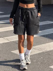 Muchica Quần short ống rộng màu đen dệt kim dành cho nữ - màu đen - Xem 3