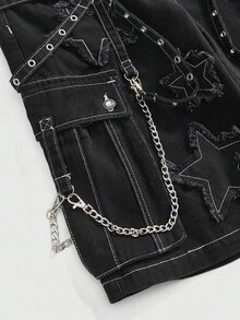 ROMWE Grunge Punk Music Festival Punk Metal Rivet Loose Wide Leg Denim Capri Pants - Black - View 4