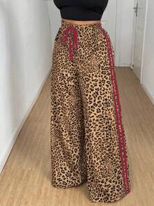 SHEIN Raffinéa 女士休闲弹力腰带豹纹宽松阔腿裤 / 带口袋 / 撞色缎带蝴蝶结 / 适合春、夏、秋、冬 / 百搭性感居家装 / 返校季 / 街头风 / 长裤 - 彩色 - 查看 3