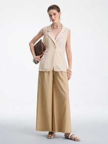 Aalyst Women's Spring/Summer Casual Sleeveless Linen-Look Lapel Collar Cinched Waist Vest Jacket, Suitable For Outings, Dates, New Year, Valentine's Day, Easter, Mother's Day, Middle Eastern Weddings, Elegant And Fashionable, Romantic Vacation - Khaki - View 7