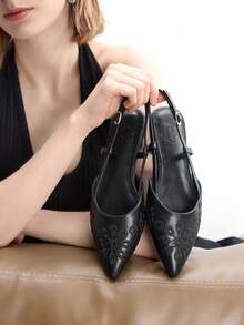 CUCCOO BIZCHIC Nuevos zapatos planos de tacón con bordado negro, zapatos planos de punta puntiaguda y sin talón de moda para mujer - Negro - Ver 5