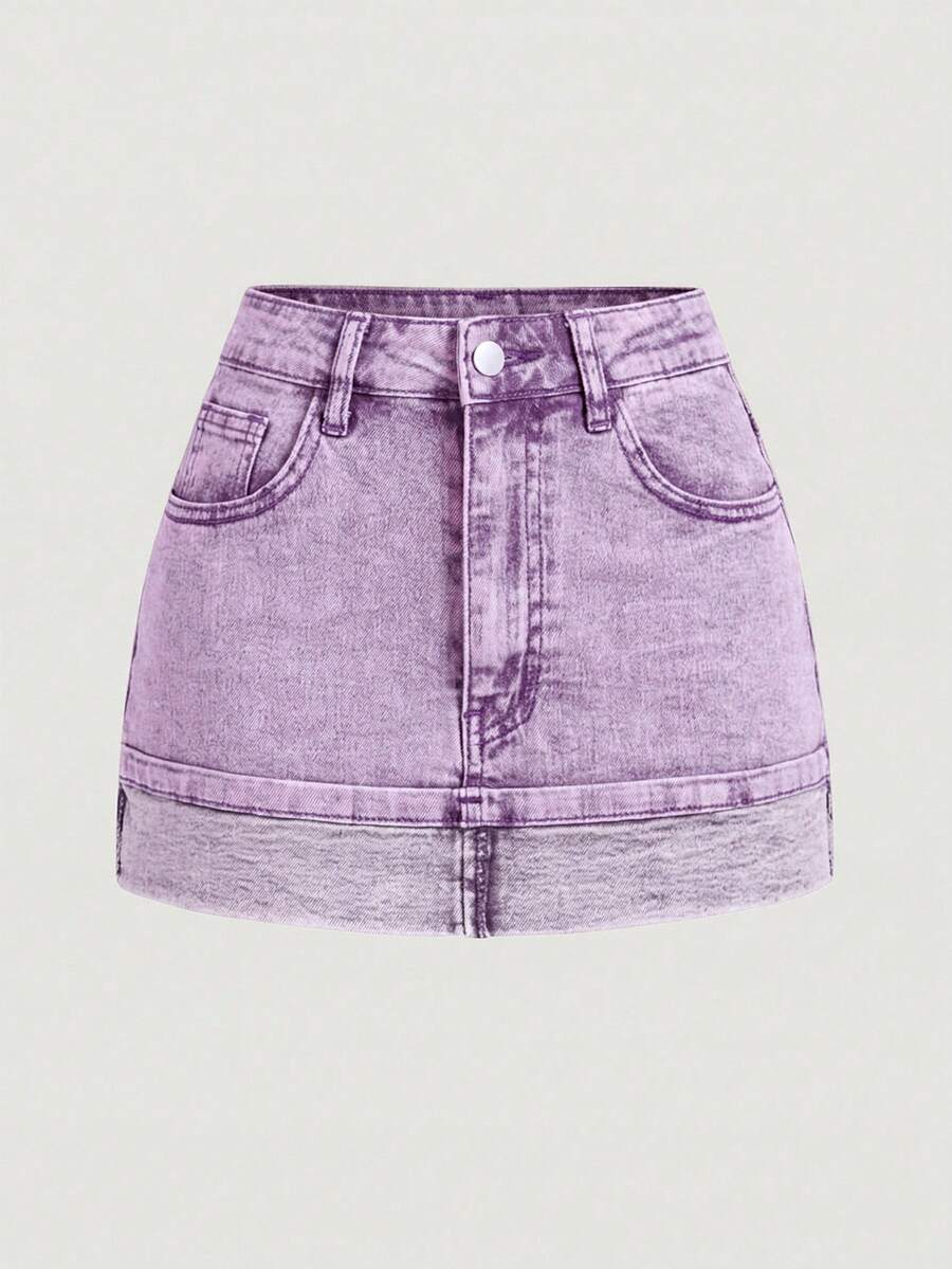 SHEIN MOD 女士纯色休闲夏季时尚百搭牛仔半身裙，带腰带环 - 紫色 - 查看 1