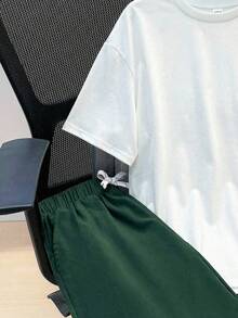 SHEIN 2pcs Set Teen Boy's Tropical Print Tee & Drawstring Waist Shorts;Spring Wear; Teen Boys' Clothing; Kids' Jackets, Spring Back To School - Army Green - View 4