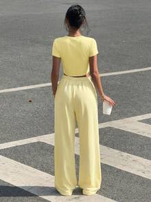 SHEIN EZwear Women's Cream Crew Neck Short Sleeve Top And Pants 2 Pieces Set, Minimalist Style - Yellow - View 2