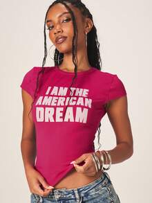 MISSGUIDED Áo thun nữ tay ngắn cổ tròn ôm dáng in hình "Tôi là giấc mơ Mỹ" - kiểu dáng thường ngày. - Màu Hồng Tươi - Xem 5