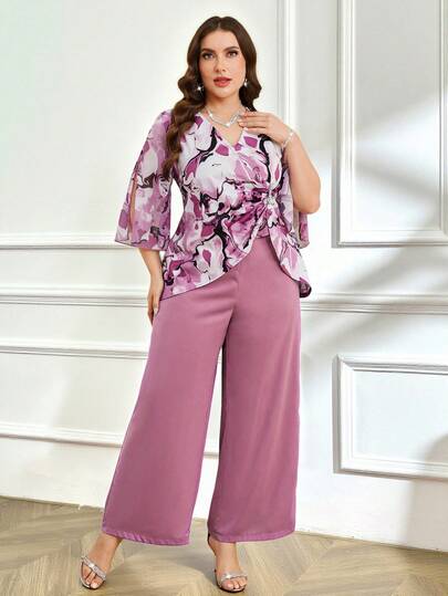 Reflora Plus Size Women Holiday Full Print Split Sleeve Shirt And Wide Leg Pants 2 Pieces Set Summer Summer Outfits  Summer Holiday Outfits Spring Spring Clothing Spring Break Outfits Spring Outfit Valentine's Day Valentine Outfits For Women  Weddings & Events Going Out Outfits Blouse And Pants Set Plus Size Pants Set Purple Sets For Women Pant Suit Summer Sets Pant Suits For Wedding