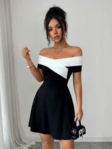 Elenzga Women's Elegant French Color Block Off Shoulder Short Dress, Summer Dinner Date Black And White - Black and White - View 3