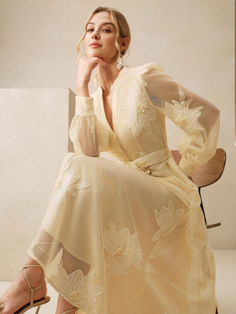 Anewsta 优雅花卉刺绣薄纱花瓣袖系腰女装 - 黃色 - 查看 1