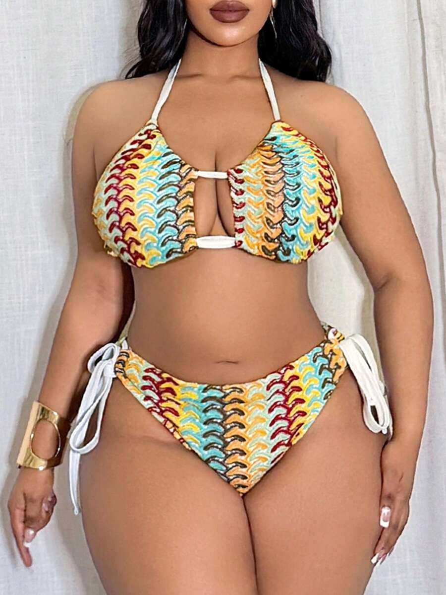 Slaydiva Bikini Seksi untuk Pantai dan Resor, 2 Potong, Warna Polos, Model Halter Tie untuk Wanita Ukuran Plus - MultiWarna - View 1