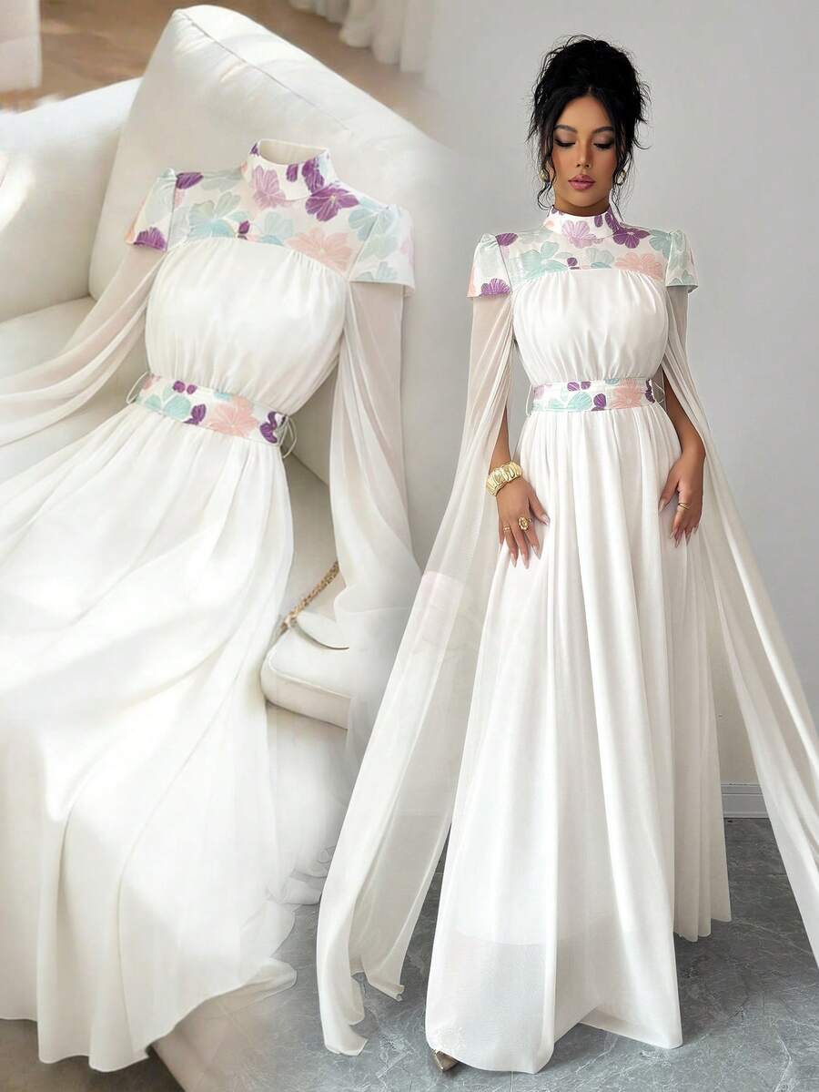 Elenzga 女士印花立领褶皱腰身连衣裙，超长袖 - 白色 - 查看 1