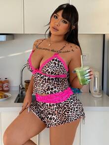 SHEIN Sexy Leopard Print Lace Trim Bow Decor Camisole & Shorts Sleepwear Set, Plus Size - Multicolor - View 4