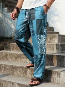 Manfinity RSRT Men's Colorful Patchwork Elastic Waist Straight Leg Pants - Blue - View 4