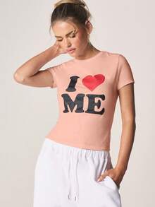 MISSGUIDED 我爱我自己图案露脐短袖T恤，传递自爱和积极能量，女士T恤 - 粉色 - 查看 5