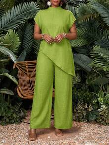 SHEIN Lady Thời trang cỡ lớn mùa xuân, hè, thu đông, áo sơ mi dệt màu xanh lá cây cổ đứng tay raglan bất đối xứng tay dài tay ngắn, bộ đồ cỡ lớn, trang phục đi nghỉ hè, bộ đồ mùa xuân cho nữ, bộ đồ thường ngày cho nữ, trang phục đi nghỉ mát, đi chơi, bộ sưu tập quần áo thời trang. - Màu xanh Ô liu - Xem 6