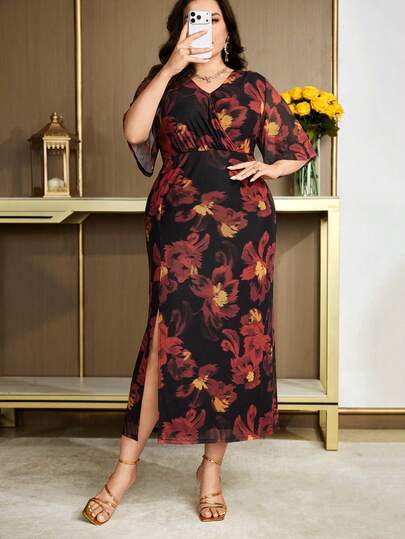 Modelyn Plus Size Women V-Neck Floral Print Split Elegant Waist Fit Cocktail Party Dress