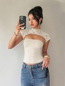 Siren Gaze Women's Lace Patchwork Hollow Out Blouse, Summer - Apricot - View 5